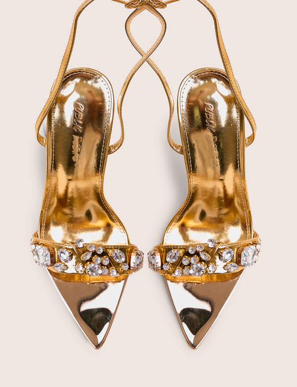 Icicle Gold Metallic Patent Extreme Jeweled Ankle Strap Pointed Toe Stiletto Heels