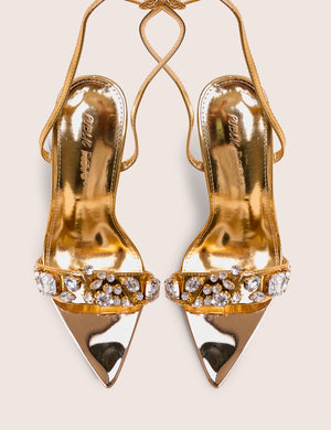 Icicle Wide Fit Gold Metallic Patent Extreme Jeweled Ankle Strap Pointed Toe Stiletto Heels