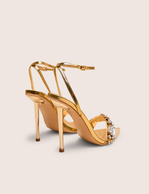 Icicle Wide Fit Gold Metallic Patent Extreme Jeweled Ankle Strap Pointed Toe Stiletto Heels