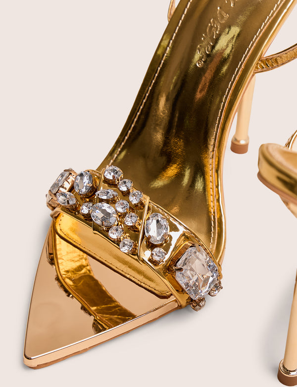 Icicle Wide Fit Gold Metallic Patent Extreme Jeweled Ankle Strap Pointed Toe Stiletto Heels