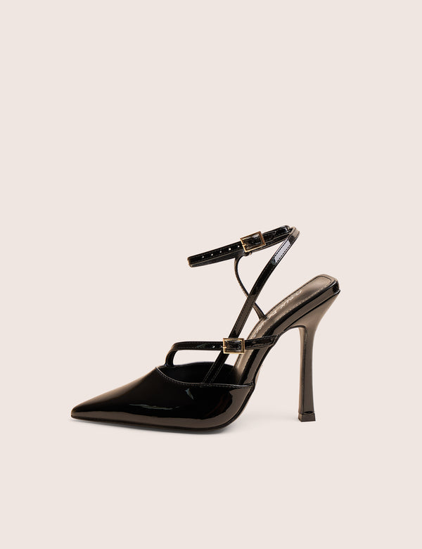 Idol Black Patent Buckle Strappy Detail Stiletto Court High Heels