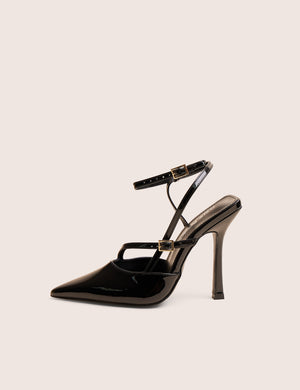 Idol Black Patent Buckle Strappy Detail Stiletto Court High Heels