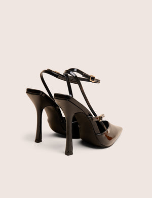 Idol Black Patent Buckle Strappy Detail Stiletto Court High Heels