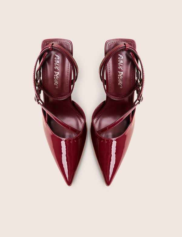 Idol Burgundy Patent Buckle Strappy Detail Stiletto Court High Heels