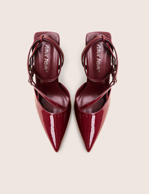 Idol Burgundy Patent Buckle Strappy Detail Stiletto Court High Heels