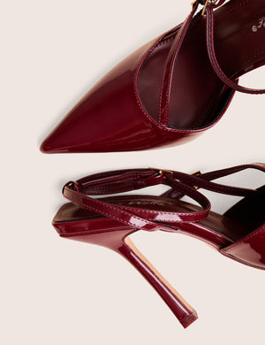 Idol Burgundy Patent Buckle Strappy Detail Stiletto Court High Heels