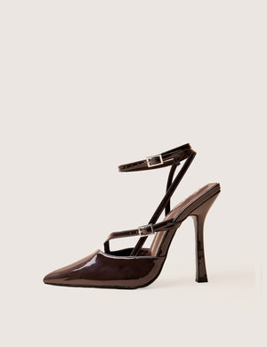 Idol Dark Chocolate Patent Buckle Strappy Detail Stiletto Court High Heels