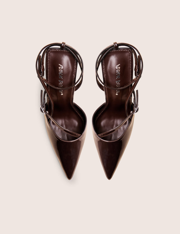 Idol Dark Chocolate Patent Buckle Strappy Detail Stiletto Court High Heels