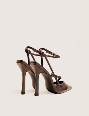 Idol Dark Chocolate Patent Buckle Strappy Detail Stiletto Court High Heels