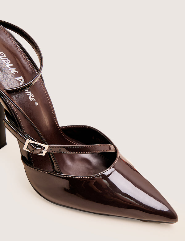 Idol Dark Chocolate Patent Buckle Strappy Detail Stiletto Court High Heels