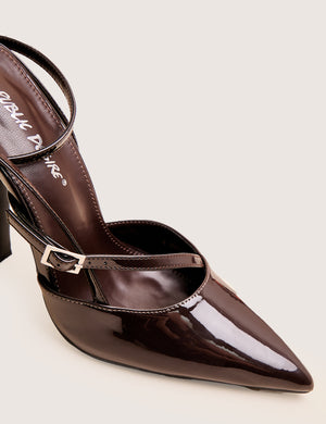 Idol Dark Chocolate Patent Buckle Strappy Detail Stiletto Court High Heels