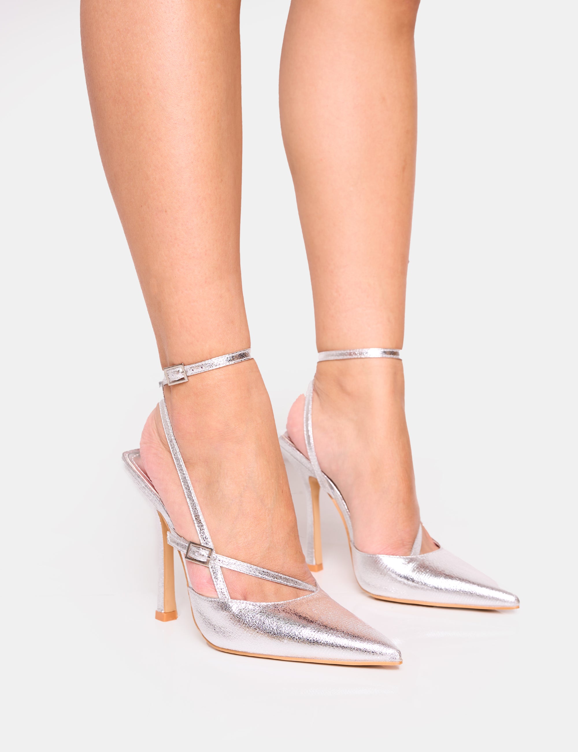 Idol Cracked Silver Buckle Strappy Detail Stiletto Pointed to