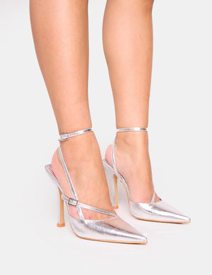 Idol Cracked Silver Buckle Strappy Detail Stiletto Pointed to Court High Heels