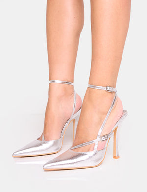 Idol Cracked Silver Buckle Strappy Detail Stiletto Pointed to Court High Heels