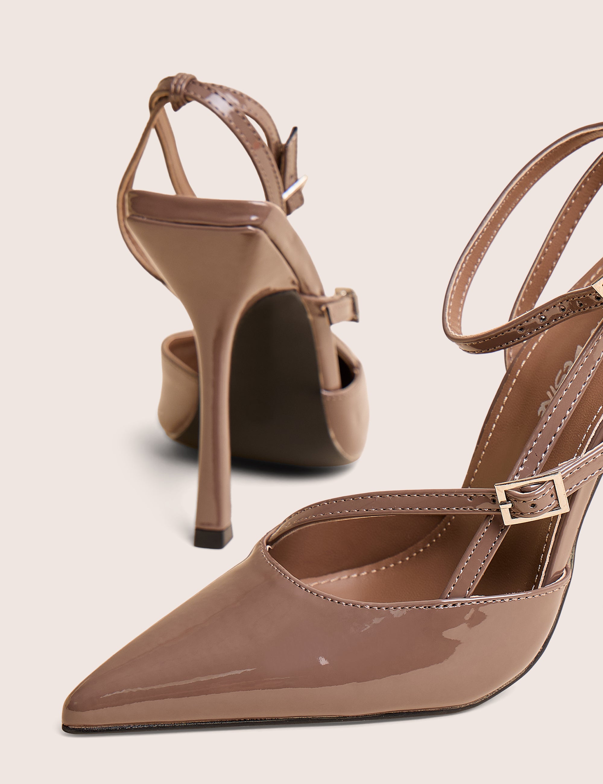 Idol Taupe Patent Buckle Strappy Detail Stiletto Court High Heels | Public  Desire
