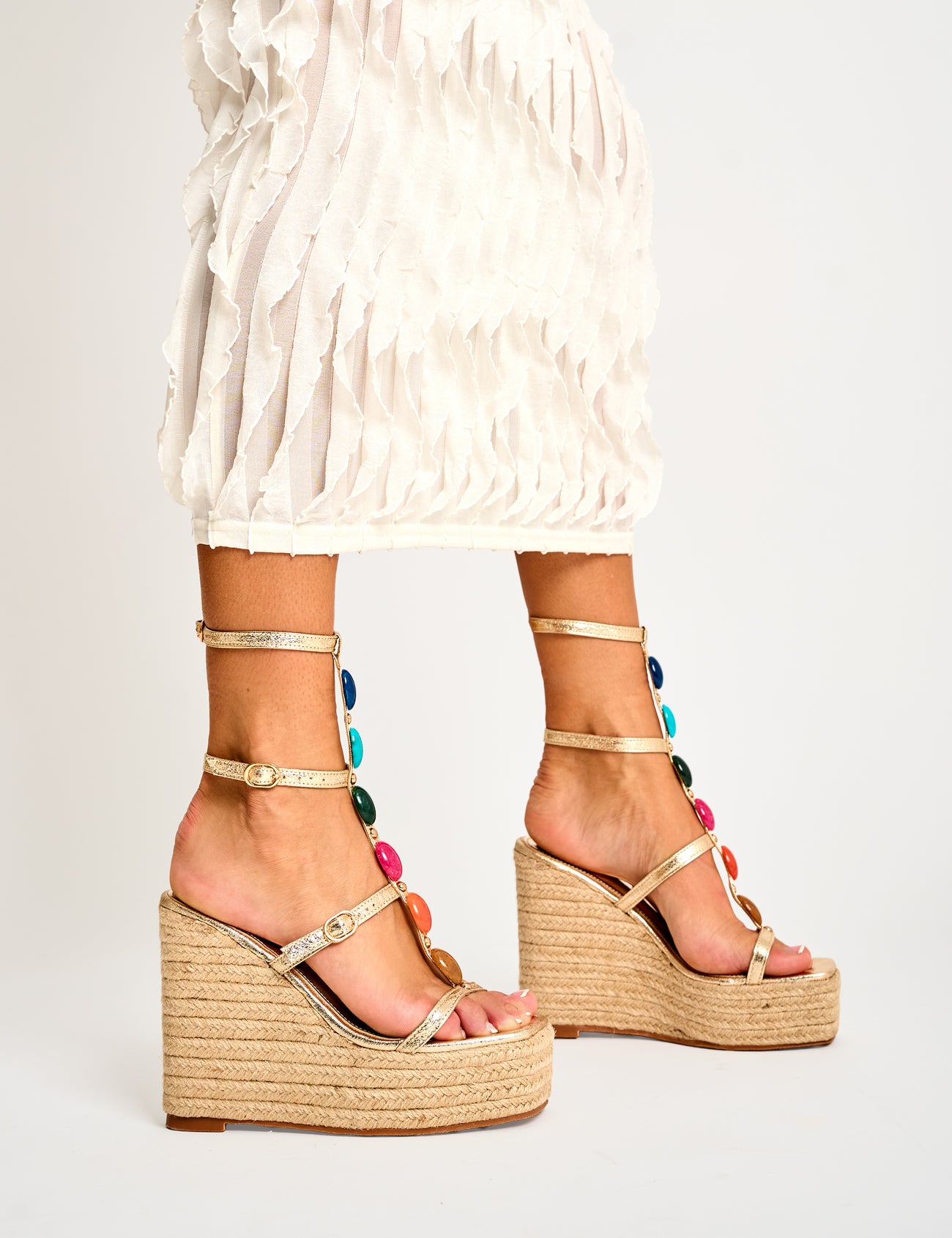 Public Desire Coastal Allure Collection - Summer Fashion & Beach Styles 3 Iliana Cracked Gold Pu Beaded Trim Strappy Jute Wedges