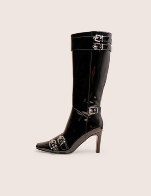 Ines Black Patent Buckle Detail Knee High Heeled Boots