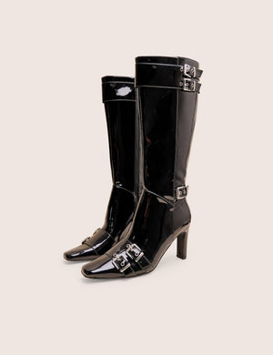 Ines Black Patent Buckle Detail Knee High Heeled Boots