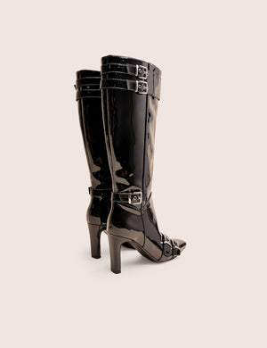 Ines Black Patent Buckle Detail Knee High Heeled Boots