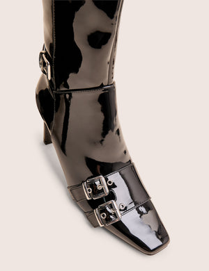 Ines Black Patent Buckle Detail Knee High Heeled Boots