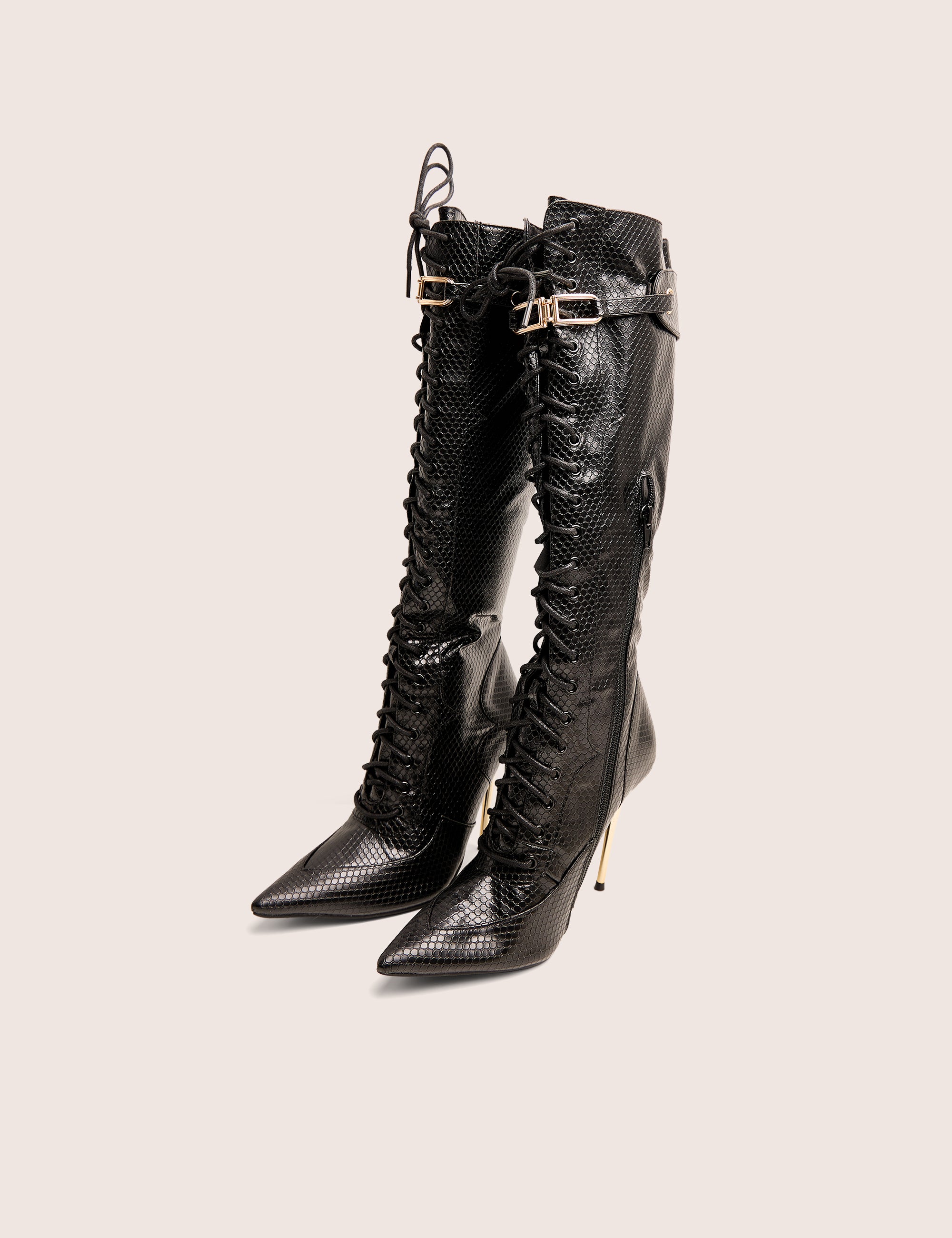 Infatuated Black Croc Lace Up Buckle Feature Pointed Toe Gold