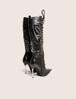 Infatuated Black Croc Lace Up Buckle Feature Stiletto Knee High Boots
