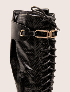 Infatuated Black Croc Lace Up Buckle Feature Stiletto Knee High Boots