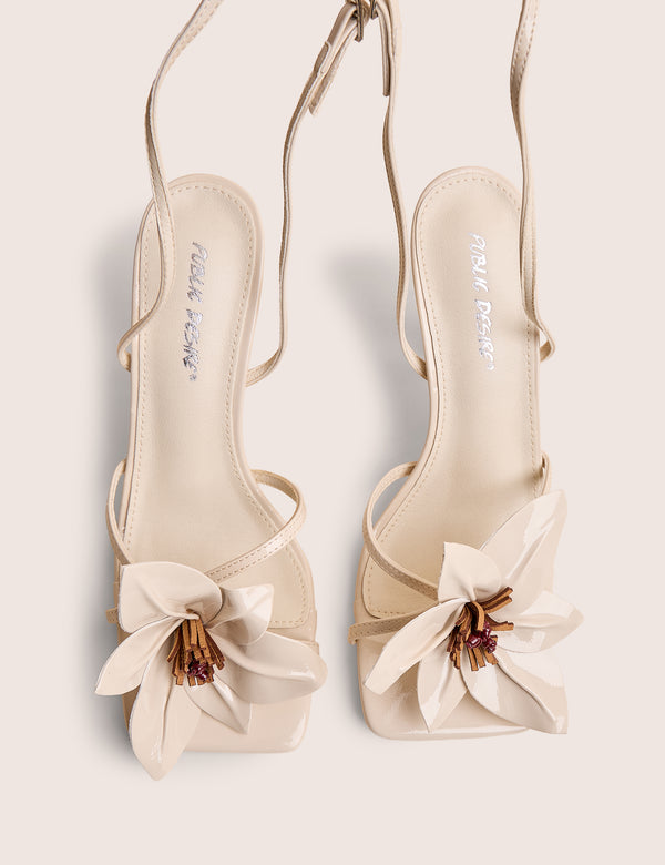 Hydrangea Wide Fit Stone Patent Flower Barely There Square Toe Mid Heels