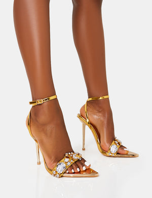 Icicle Gold Metallic Patent Extreme Jeweled Ankle Strap Pointed Toe Stiletto Heels