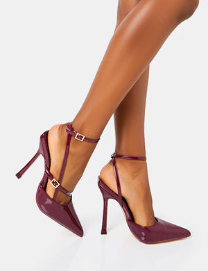 Idol Burgundy Patent Buckle Strappy Detail Stiletto Pointed to Court High Heels