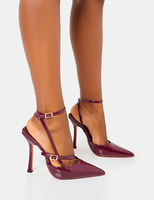 Idol Burgundy Patent Buckle Strappy Detail Stiletto Pointed to Court High Heels