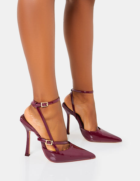 Idol Burgandy Patent Buckle Strappy Detail Stiletto Pointed to Court High  Heels