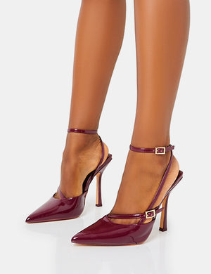 Idol Burgandy Patent Buckle Strappy Detail Stiletto Pointed to Court High  Heels