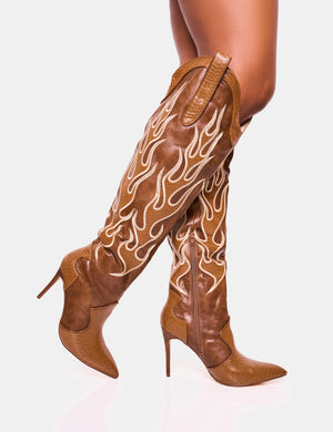 Jacksonville Brown Flame Motif Western Stiletto Heeled Over the Knee Boot