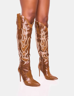 Jacksonville Brown Flame Motif Western Stiletto Heeled Over the Knee Boot