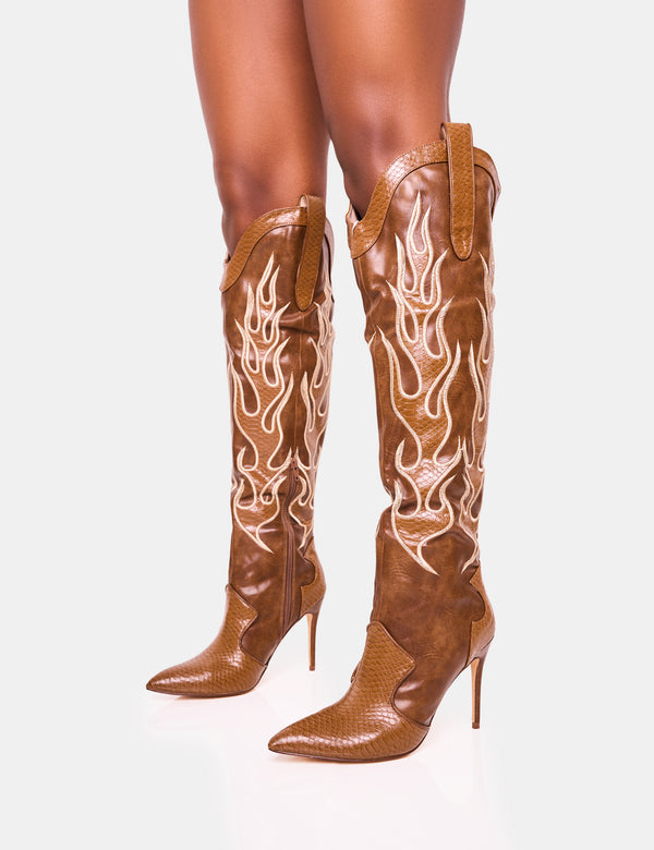 Jacksonville Brown Flame Motif Western Heeled Over the Knee Boot