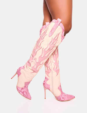 Jacksonville Pink Flame Motif Western Stiletto Heel Over the Knee Boot