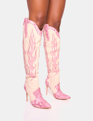 Jacksonville Pink Flame Motif Western Stiletto Heel Over the Knee Boot