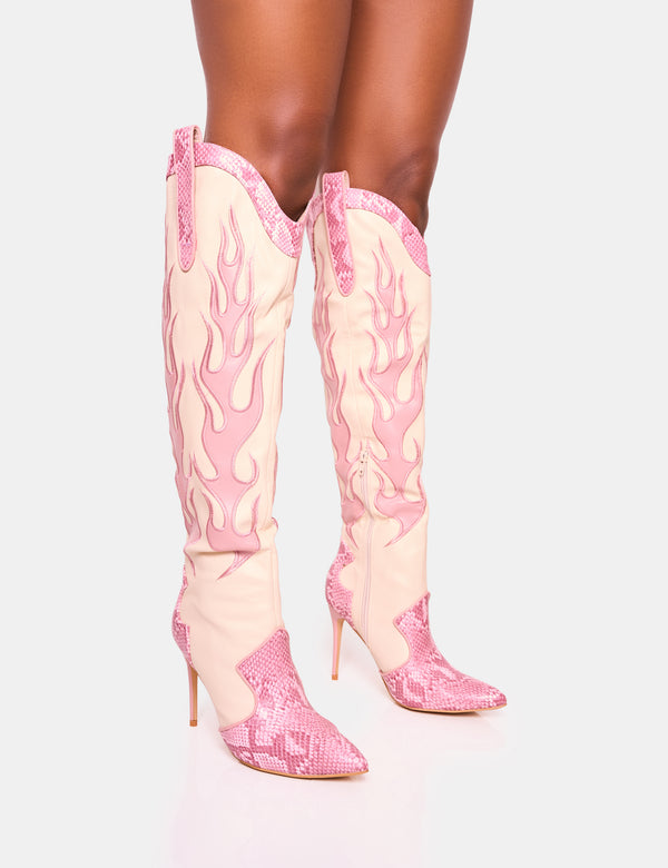 Jacksonville Pink Flame Motif Western Stiletto Heel Over the Knee Boot