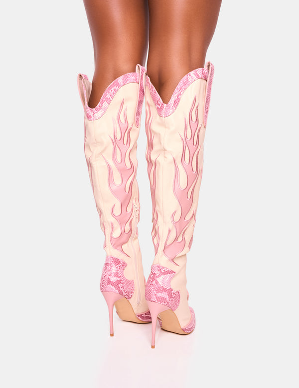 Jacksonville Pink Flame Motif Western Stiletto Heel Over the Knee Boot