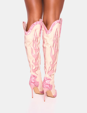 Jacksonville Pink Flame Motif Western Stiletto Heeled Over the Knee Boot