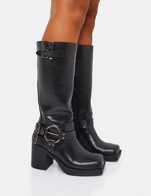 Jen Biker Black Buckle Silver Detail Round Toe Block Heel Knee High Boots