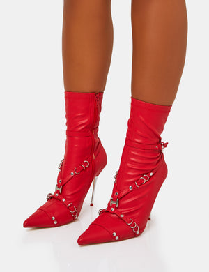 Joyride Red Pu Strappy Buckle Harness Detail Pointed Toe Stilleto Sock Ankle Boots