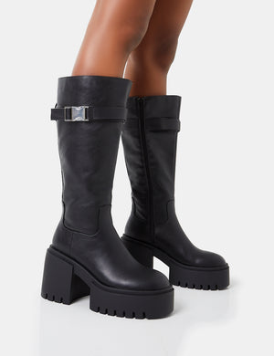 Alaska Black Pu Calf Strap Buckle Detailed Knee High Chunky Sole Block Heel Boots