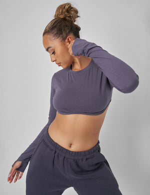 Long Sleeve Underbust Crop Top Dark Grey