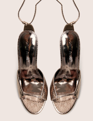 Kalisto Pewter Tie Wrap Around Mule Heels