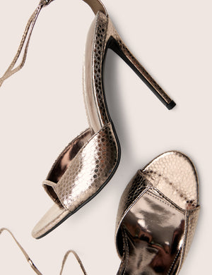 Kalisto Pewter Tie Wrap Around Mule Heels