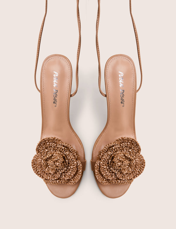 Karla Natural Raffia Flower Barely There Lace Up Stiletto Heel