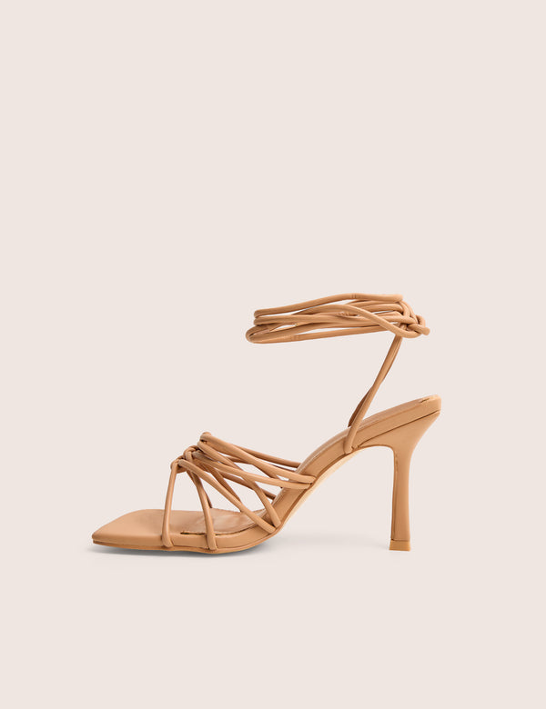 Keri Wide Fit Nude Pu Strappy Lace Up Mid Heels