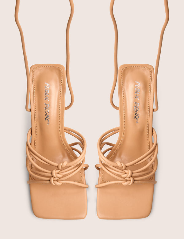 Keri Wide Fit Nude Pu Strappy Lace Up Mid Heels